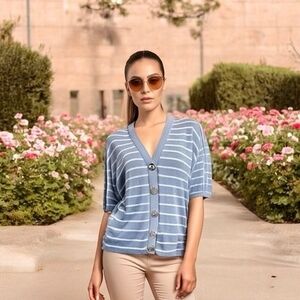 VNTG Women Sweater SAN REMO by Laura Knits Blue White Knit Button Front Cardigan